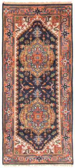 Bordered  Traditional Blue Runner rug 6-ft-runner Indian Hand-knotted 369925