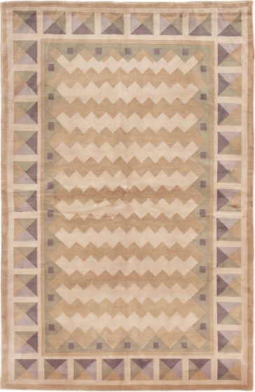 Bordered  Transitional Ivory Area rug 5x8 Nepal Hand-knotted 283356