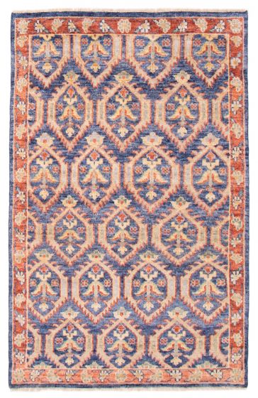 Bordered  Geometric Blue Area rug 5x8 Indian Hand-knotted 377434