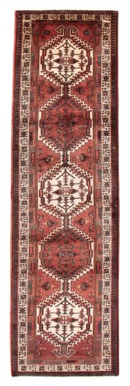 Bordered  Geometric Red Runner rug 11-ft-runner Turkish Hand-knotted 384193