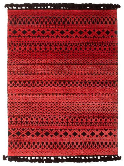Carved  Tribal Red Area rug 5x8 Indian Hand-knotted 349110