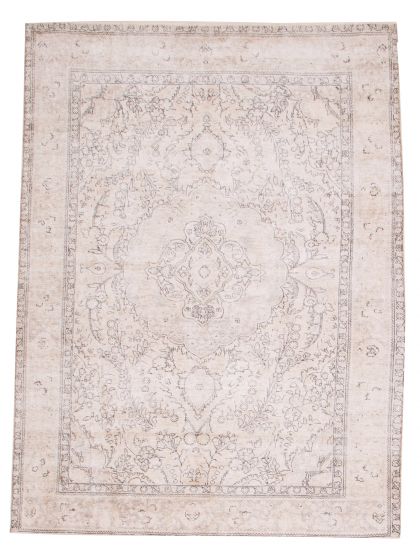 Bordered  Vintage/Distressed Ivory Area rug 6x9 Turkish Hand-knotted 374099