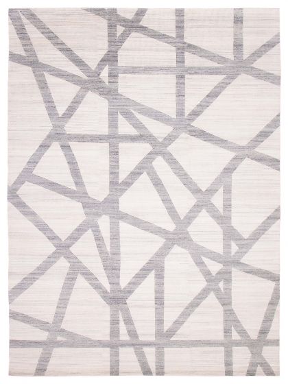 Carved  Modern White Area rug 10x14 Indian Hand-knotted 382988