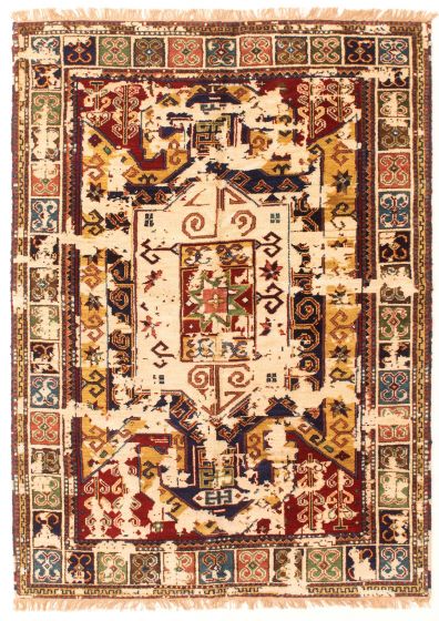 Bordered  Traditional Ivory Area rug 5x8 Indian Hand-knotted 348541