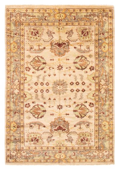 Bordered  Traditional Ivory Area rug 5x8 Indian Hand-knotted 369299