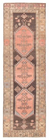 Geometric  Vintage/Distressed Brown Runner rug 10-ft-runner Turkish Hand-knotted 392316