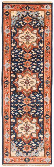Bordered  Traditional Blue Runner rug 8-ft-runner Indian Hand-knotted 369921