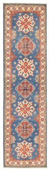 Bordered  Transitional Blue Runner rug 9-ft-runner Afghan Hand-knotted 392723