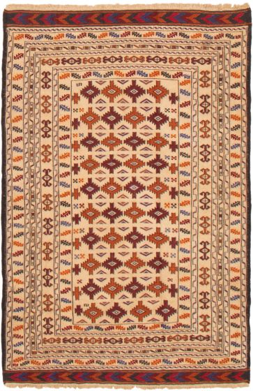 Bordered  Tribal Ivory Area rug 4x6 Afghan Flat-weave 356372