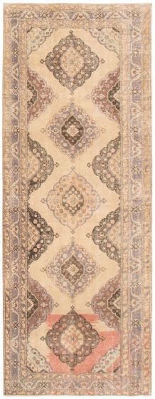 Bordered  Vintage Yellow Runner rug 12-ft-runner Turkish Hand-knotted 359011
