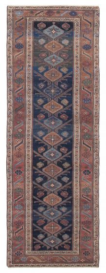 Geometric  Vintage Blue Runner rug 11-ft-runner Turkish Hand-knotted 392170