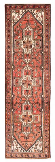 Bordered  Geometric Brown Runner rug 10-ft-runner Turkish Hand-knotted 384178