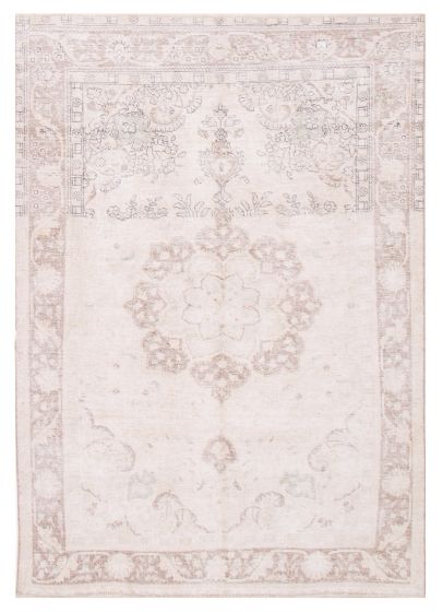 Bordered  Vintage/Distressed Ivory Area rug 6x9 Turkish Hand-knotted 374213