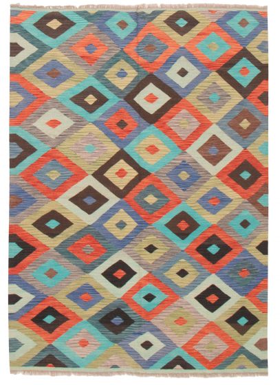 Flat-weaves & Kilims  Geometric Blue Area rug 5x8 Turkish Flat-Weave 374497