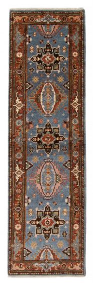 Bordered  Traditional Blue Runner rug 8-ft-runner Indian Hand-knotted 376113