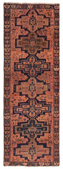 Geometric  Vintage/Distressed Brown Runner rug 10-ft-runner Turkish Hand-knotted 393131