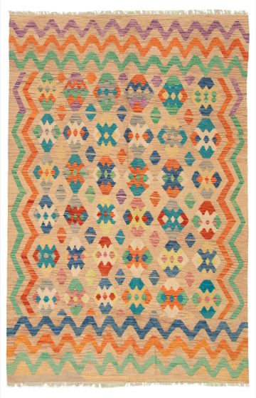 Bordered  Geometric Ivory Area rug 6x9 Turkish Flat-Weave 316263