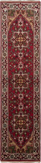 Geometric  Traditional Red Runner rug 10-ft-runner Indian Hand-knotted 243359