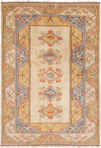 Geometric  Vintage Ivory Area rug 5x8 Turkish Hand-knotted 306087