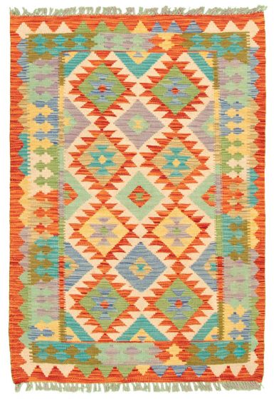 Bordered  Geometric Ivory Area rug 3x5 Turkish Flat-weave 329475