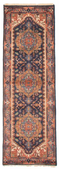 Bordered  Traditional Blue Runner rug 8-ft-runner Indian Hand-knotted 369966
