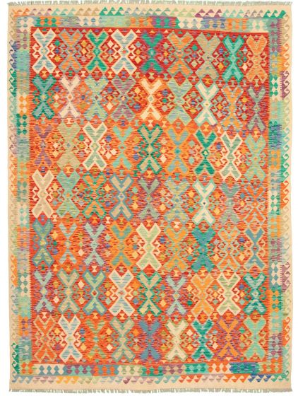 Bordered  Geometric Ivory Area rug 9x12 Turkish Flat-weave 329506