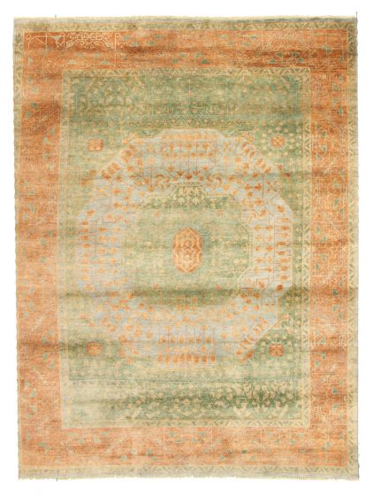 Bordered  Traditional Green Area rug 9x12 Indian Hand-knotted 344171