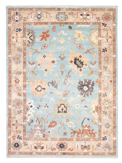 Bordered  Transitional Green Area rug 10x14 Indian Hand-knotted 377812