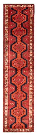Bordered  Geometric Red Runner rug 14-ft-runner Turkish Hand-knotted 380486