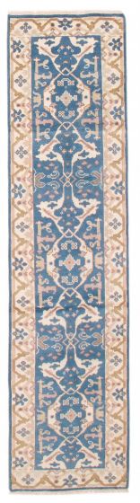 Bordered  Transitional Blue Runner rug 10-ft-runner Indian Hand-knotted 387134
