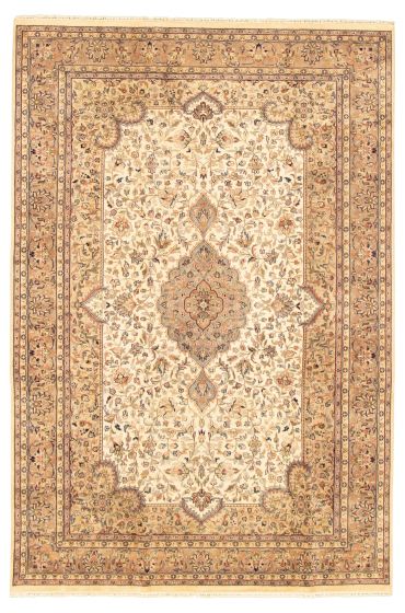 Bordered  Traditional Ivory Area rug 6x9 Indian Hand-knotted 316658