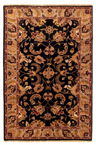 Bordered  Traditional Black Area rug 5x8 Indian Hand-knotted 349342