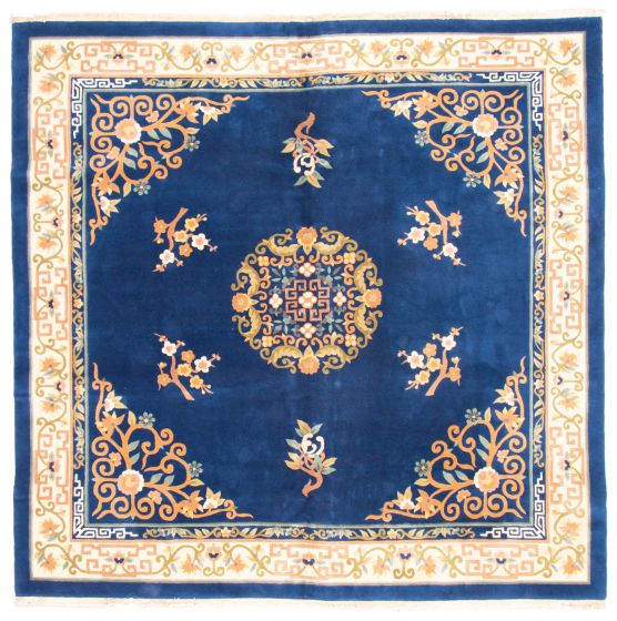 Bordered  Traditional Blue Area rug Square Nepal Hand-knotted 373785
