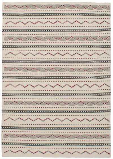 Bohemian  Stripes Ivory Area rug 5x8 Indian Flat-weave 259792