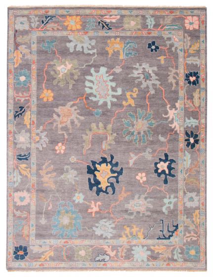 Bordered  Transitional Grey Area rug 9x12 Indian Hand-knotted 377444
