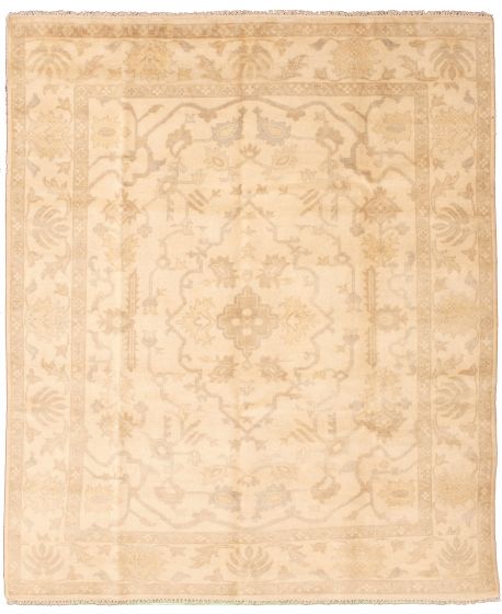 Bordered  Traditional Ivory Area rug 6x9 Indian Hand-knotted 338540