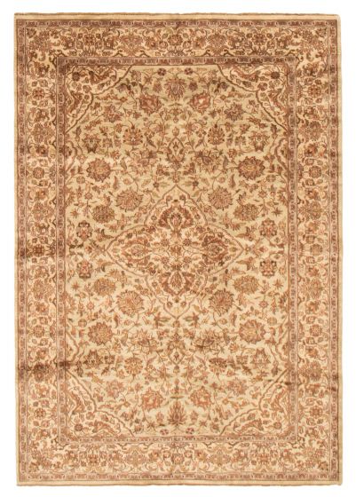 Bordered  Traditional Ivory Area rug 5x8 Indian Hand-knotted 369347