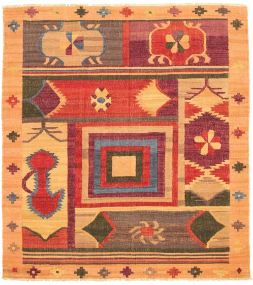 Bordered  Transitional Ivory Area rug 8x10 Turkish Flat-weave 335790