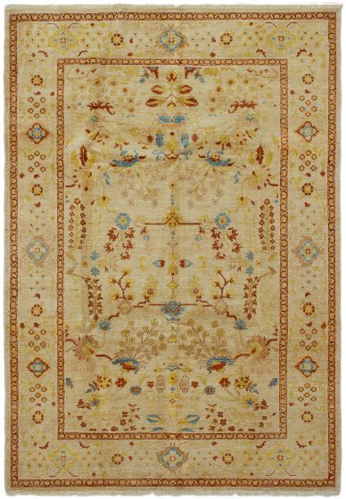 Bordered  Traditional Ivory Area rug 5x8 Indian Hand-knotted 287583