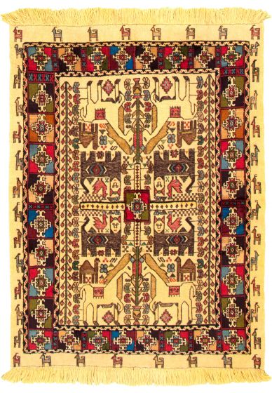 Bordered  Tribal Ivory Area rug 3x5 Turkish Hand-knotted 332735