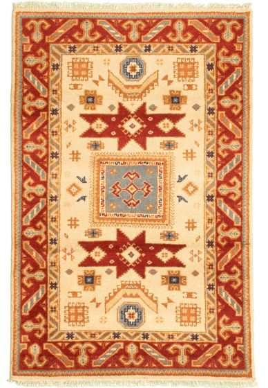 Bordered  Traditional Ivory Area rug 4x6 Indian Hand-knotted 346390