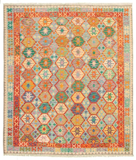 Bordered  Geometric Multi Area rug 8x10 Turkish Flat-weave 329369
