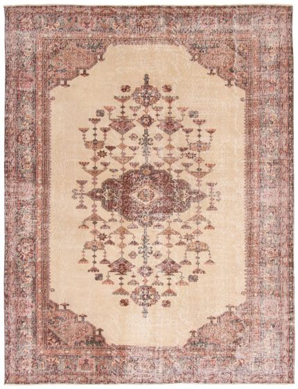 Bordered  Vintage Ivory Area rug 6x9 Turkish Hand-knotted 362800
