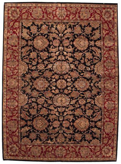 Bordered  Traditional Black Area rug 10x14 Indian Hand-knotted 373873