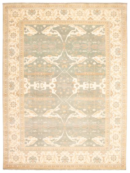 Bordered  Traditional Green Area rug Oversize Indian Hand-knotted 345259