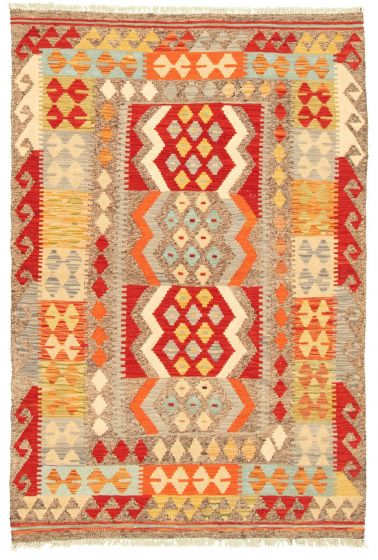 Bordered  Geometric Ivory Area rug 3x5 Turkish Flat-weave 329539