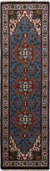 Geometric  Traditional Blue Runner rug 10-ft-runner Indian Hand-knotted 243279