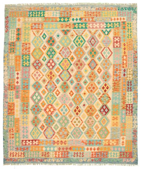 Bordered  Geometric Ivory Area rug 6x9 Turkish Flat-weave 329379
