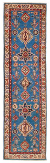 Bordered  Transitional Blue Runner rug 10-ft-runner Afghan Hand-knotted 392761
