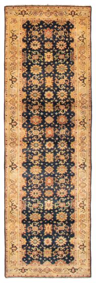 Bordered  Traditional Blue Runner rug 10-ft-runner Indian Hand-knotted 373995